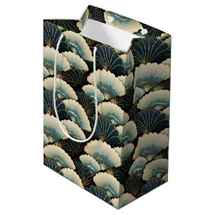 Sacola Para Presentes Média Motif de Ventilador Dourado e Teal, inspirado no J