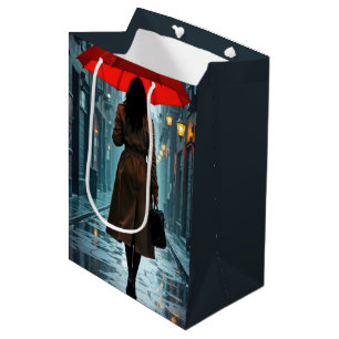 Sacola Para Presentes Média Mulher aniversariante com um guarda-chuva vermelho