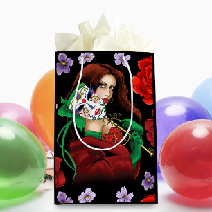 Sacola Para Presentes Média Mulher Elegante Máscara Veneziana Vermelho Verde