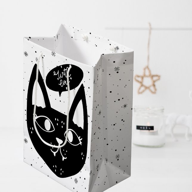 Sacola Para Presentes Média Na moda com amor Gato Negro Escandinavo (Stylish With Love Scandinavian Black Cat Medium Gift Bag)