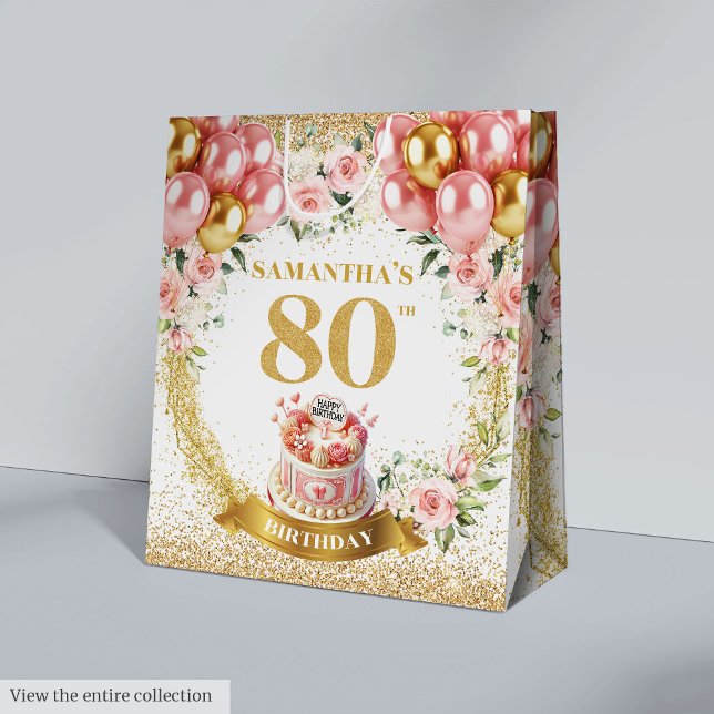 Sacola Para Presentes Média Na moda Dourado Número 80 Birthday Boho Glitter Ba (Stylish Gold Number 80th Birthday Boho Glitter Bag)