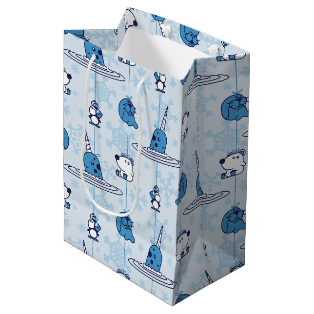 Sacola Para Presentes Média Narwhal Blue Snowflake Pattern (Frente inclinada)