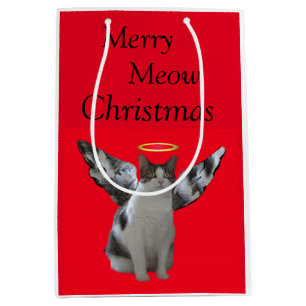 Sacola Para Presentes Média Natal alegre do anjo do gato