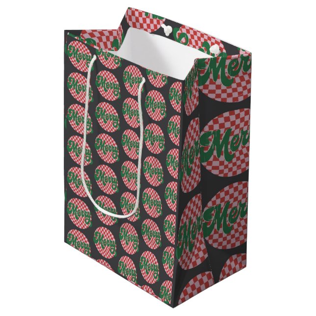 Sacola Para Presentes Média Natal Alegre Xadrez Retro (Frente inclinada)