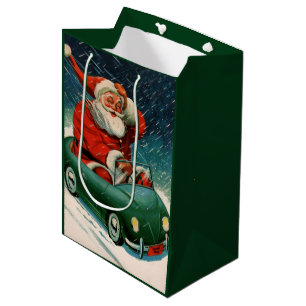 Sacola Para Presentes Média Natal Antigo, Papai Noel em um Carro Fofo