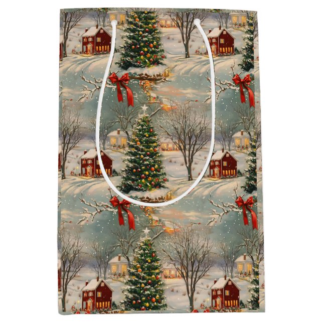 Sacola Para Presentes Média Natal Antigo Rústico (Frente)