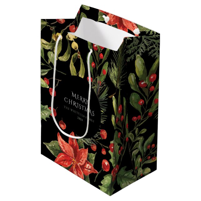 Sacola Para Presentes Média Natal Aquarela Floral Botânica Personalizada (Frente inclinada)