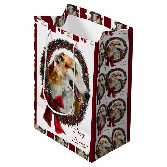 Sacola Para Presentes Média Natal Borzoi (Frente inclinada)