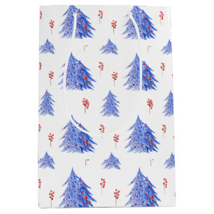 Sacola Para Presentes Média Natal branco da Holly Berries, Árvore Azul Inverno