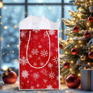 Sacola Para Presentes Média Natal Branco Festivo Rubi Vermelho com Flocos de N