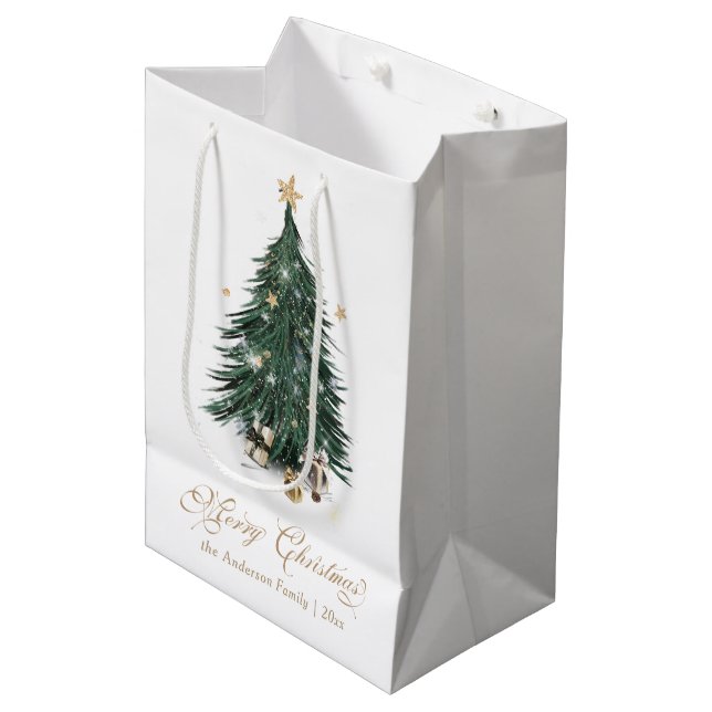Sacola Para Presentes Média Natal Clássico Branco e Dourado (Frente inclinada)