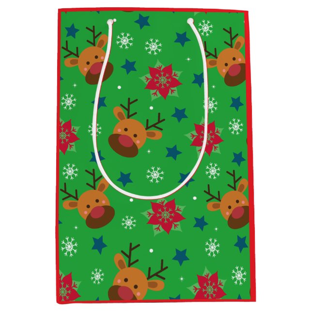 Sacola Para Presentes Média Natal Cute Renas & Flocos de Neve  (Frente)