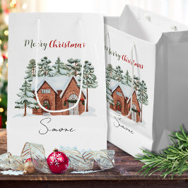 Sacola Para Presentes Média Natal da Floresta Nórdica de Pinheiros com Aquarel