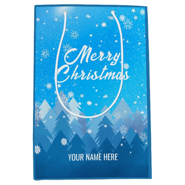 Sacola Para Presentes Média Natal da Floresta Pacífica de Neve Branca Azul Ano (Frente)