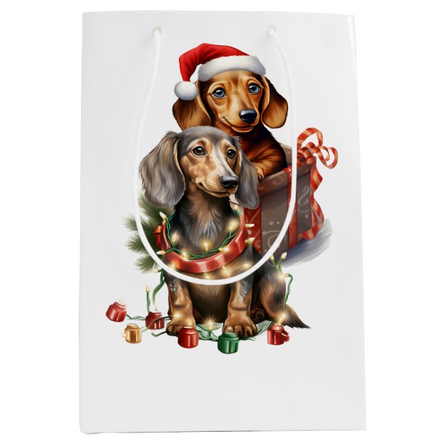 Sacola Para Presentes Média Natal Dachshund  (Frente)