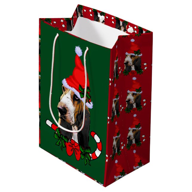 Sacola Para Presentes Média Natal de Basset Hound (Frente inclinada)