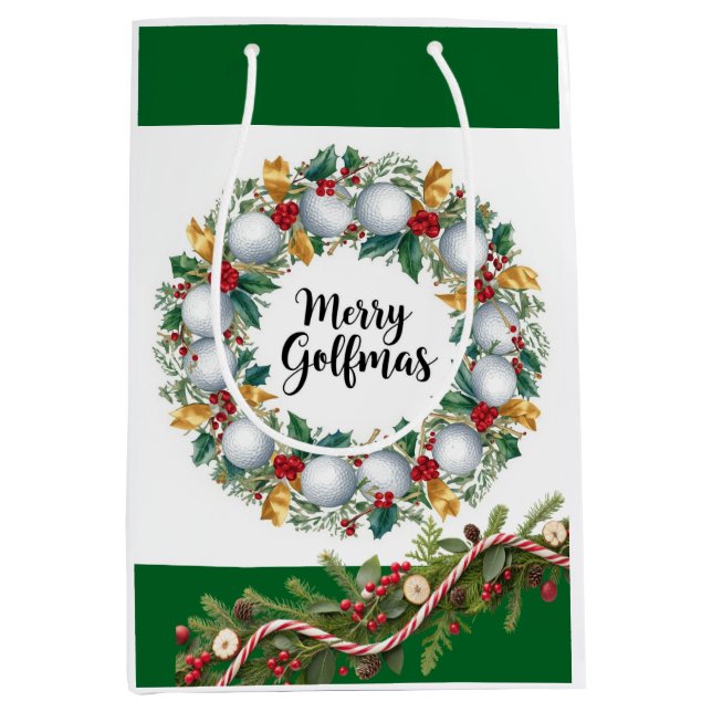 Sacola Para Presentes Média Natal de golfe com grinalda  (Frente)