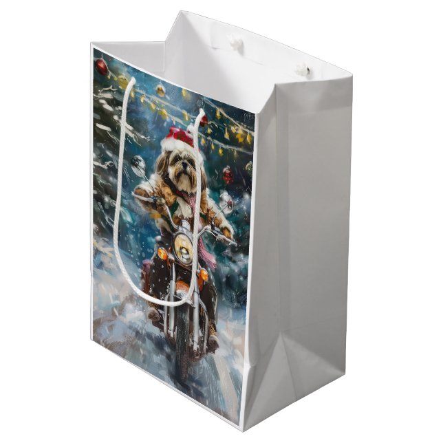 Sacola Para Presentes Média Natal de Motocicleta de Lhasa Apso (Frente inclinada)