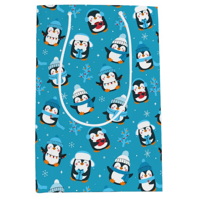 Sacola Para Presentes Média Natal Divertido Pinguins de Inverno  (Frente)