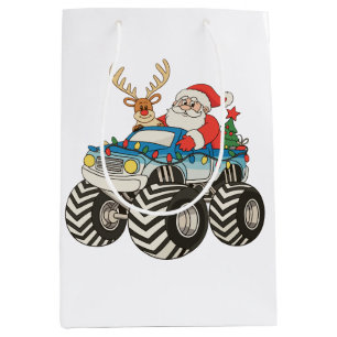 Sacola Para Presentes Média Natal do Caminhão Monstro Papai Noel Rena Festivo