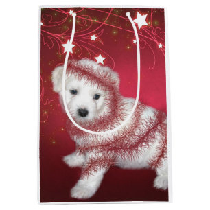 Sacola Para Presentes Média Natal do filhote de cachorro de Bichon Frise