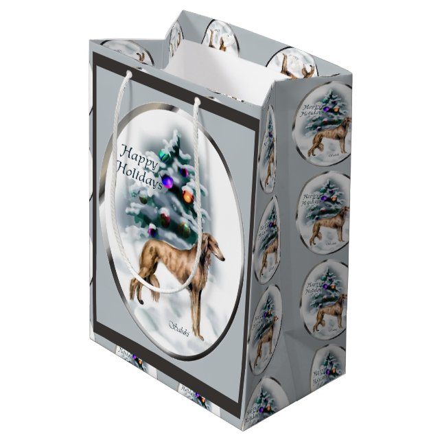 Sacola Para Presentes Média Natal dos Amantes de Saluki (Verso inclinado)