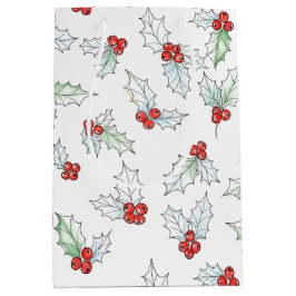 Sacola Para Presentes Média Natal em Aquarela com Folhas de Azevinho e Bagas V
