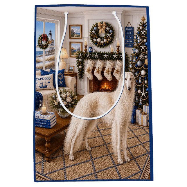 Sacola Para Presentes Média Natal em Cape Cod ,Borzoi  (Frente)