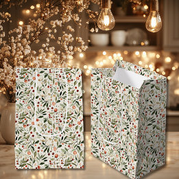 Sacola Para Presentes Média Natal Festivo Verde Berries Vermelhos