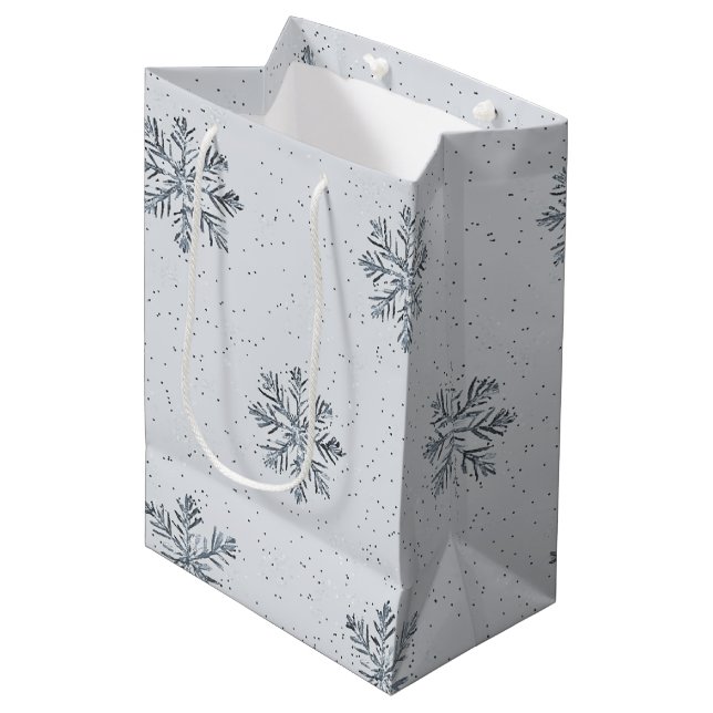Sacola Para Presentes Média Natal Flocos de Neve Cinza Prata (Frente inclinada)