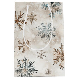Sacola Para Presentes Média Natal Flocos de Neve Marrom Azul Creme