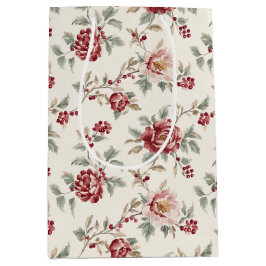 Sacola Para Presentes Média Natal Floral Creme Vermelho Chic Bonito