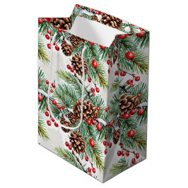 Sacola Para Presentes Média Natal Holly e Pinecones