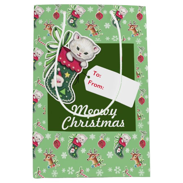 Sacola Para Presentes Média Natal Meowy em verde (Frente)
