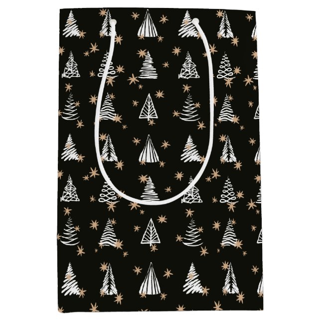 Sacola Para Presentes Média Natal Moderno - Estrelas Douradas Brancas Pretas e (Frente)