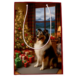 Sacola Para Presentes Média Natal na Escócia Collie Feriado