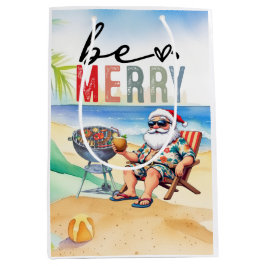 Sacola Para Presentes Média Natal na Praia com Churrasco do Papai Noel Surfist
