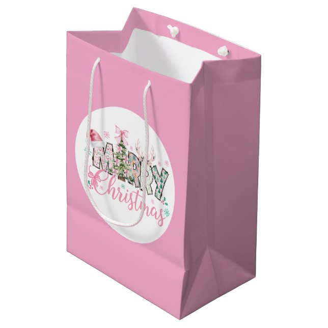 Sacola Para Presentes Média Natal Rosa  (Frente inclinada)
