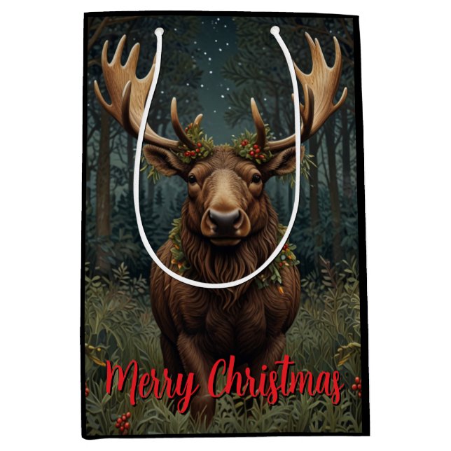 Sacola Para Presentes Média Natal rústico alce veado boho floresta floresta  (Frente)