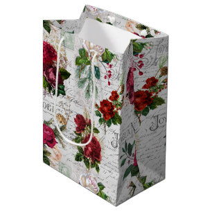 Sacola Para Presentes Média Natal vintage Rosa Joyeux Noel Ephemera