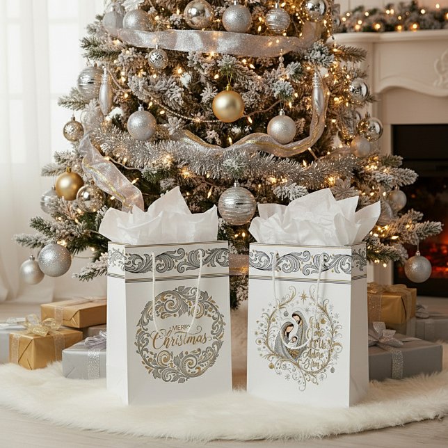 Sacola Para Presentes Média Natividade de Natal prateada e dourada (Criador carregado)