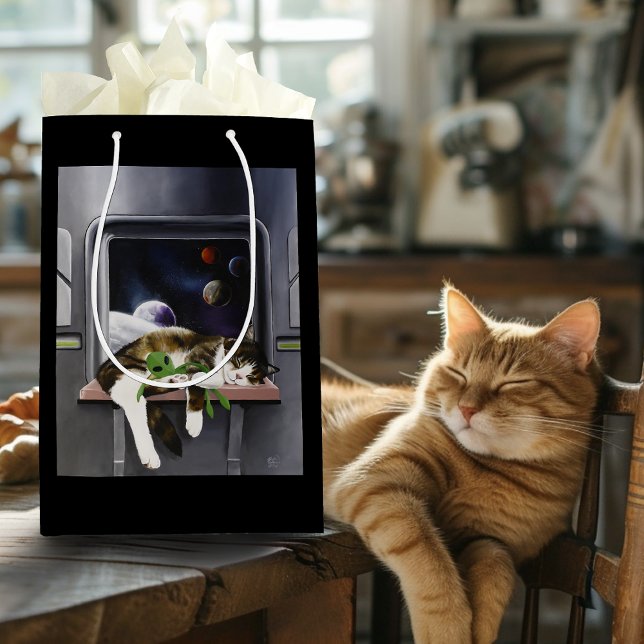 Sacola Para Presentes Média Nave Espacial Gato Tabby Verde Alien Stuffie Ficçã (Criador carregado)