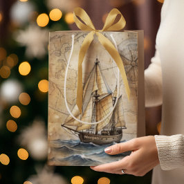 Sacola Para Presentes Média Navio náutico da Vintagem Personalizada com Mapa A