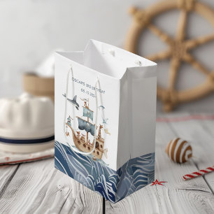 Sacola Para Presentes Média Navio Pirata com Festa de Crianças Animais