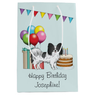 Sacola Para Presentes Média Negra E White Papillon Cão Colorido Aniversário