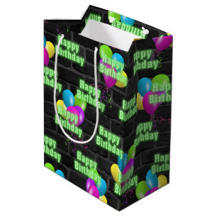 Sacola Para Presentes Média Neon Birthday e Balões em Brick