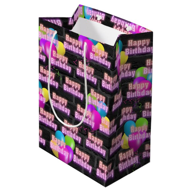 Sacola Para Presentes Média Neon Birthday e balões no Brick Medium Gift Ba (Verso inclinado)
