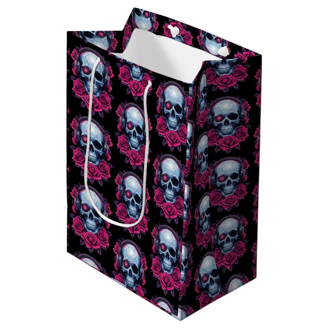 Sacola Para Presentes Média Néon Cyber Death Skull e Rosas Black (Frente inclinada)