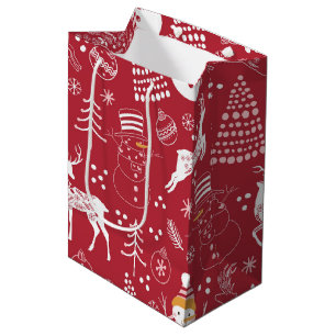 Sacola Para Presentes Média Neve, Árvore de Natal e Veado, Vermelho de inverno