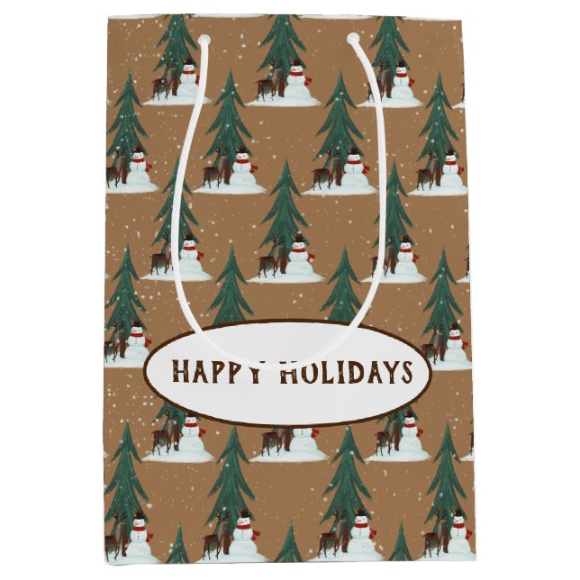 Sacola Para Presentes Média Neve e veado em flocos de neve (Frente)